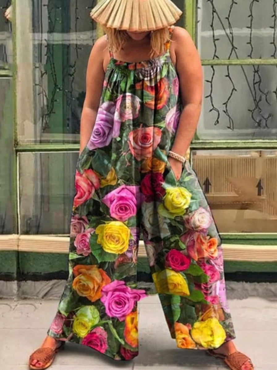 Nova - Loose Multicolor Sunny Flower Print Jumpsuit - Plus size model