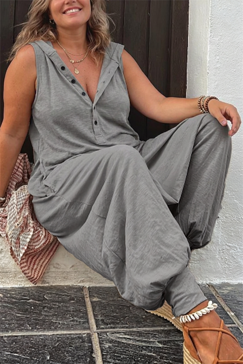 Kendall - Ryker Pocketed Half Button Hooded Jumpsuit - Plus size model