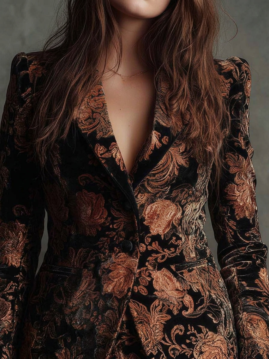 Women’s Black And Bronze Floral Print Tailored Blazer - Plus size model
