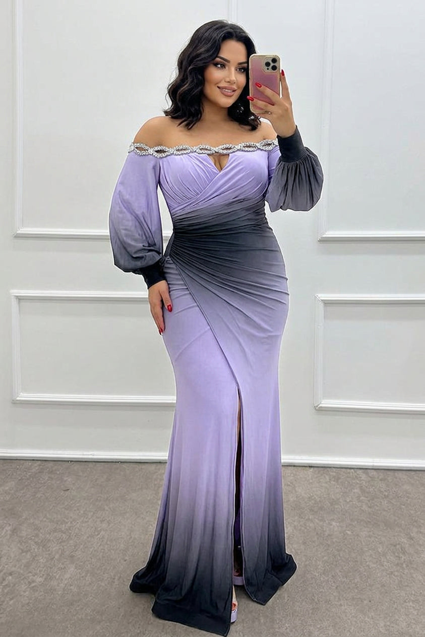 Julieta - Gradient Print Off Shoulder Gem Detail Slit Gown Maxi Dress - Plus size model
