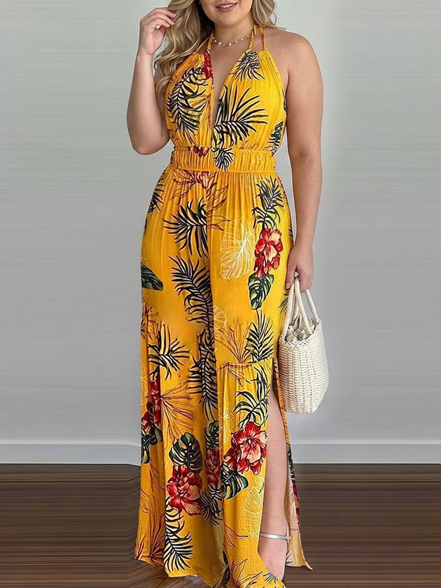 Everly - Sling Leaf Print Jumpsuit - Plus size model