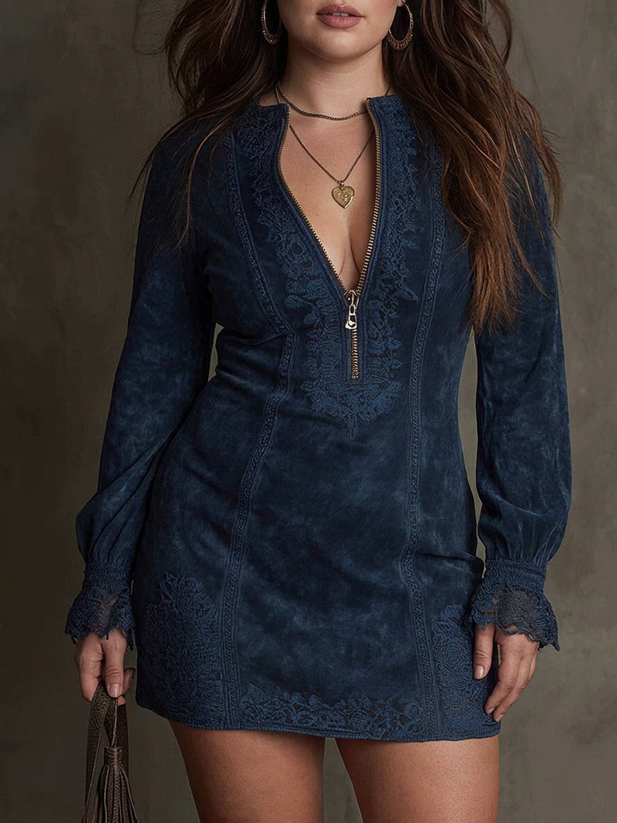 Jasmine – Blue Suede Mini Dress with Lace - Plus size model