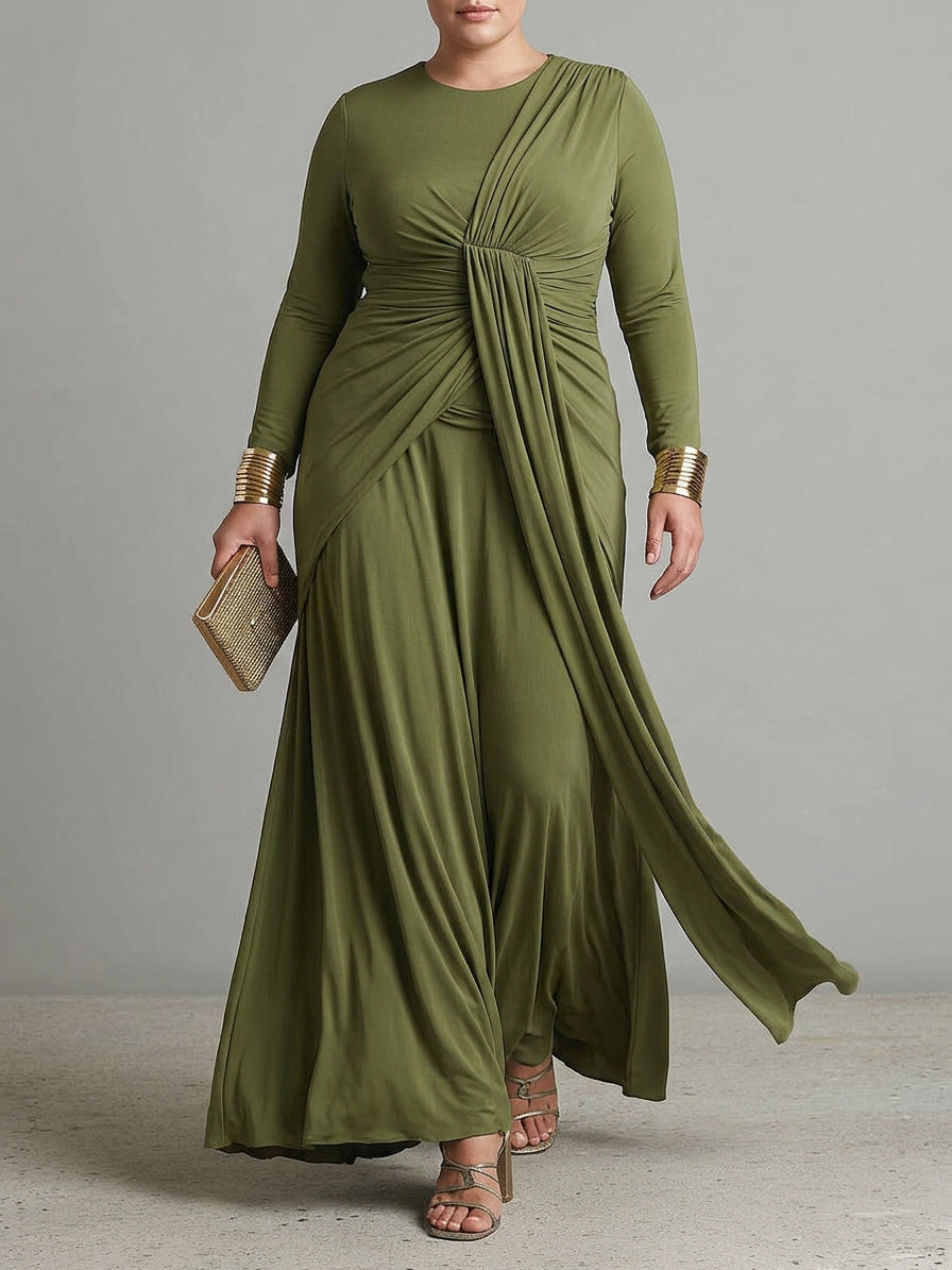 Olive Green Long Dress in Stretch Silk with Deep V-Neck and Ruffled Details, Glamour Maxi Dress - Plus size model