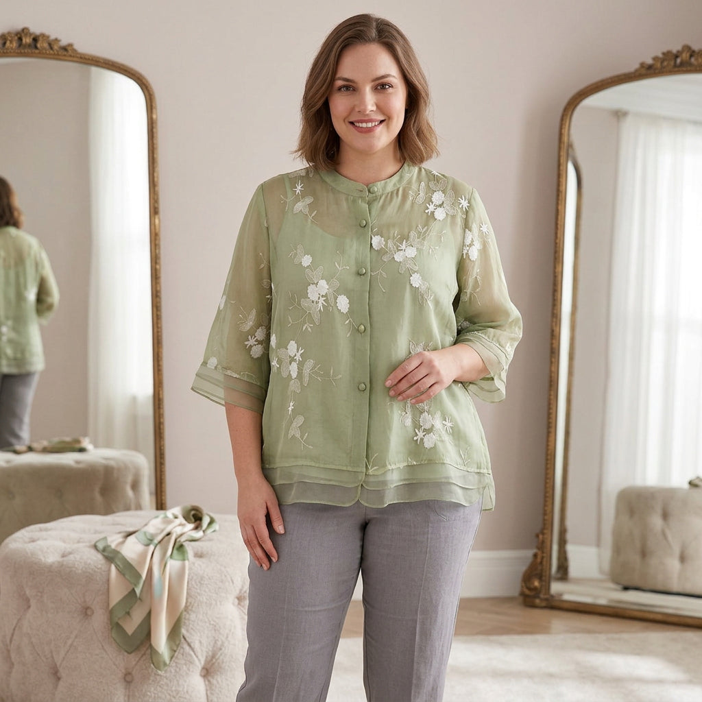 Nellie™ | Elegant Top with Embroidered Flowers - Plus size model
