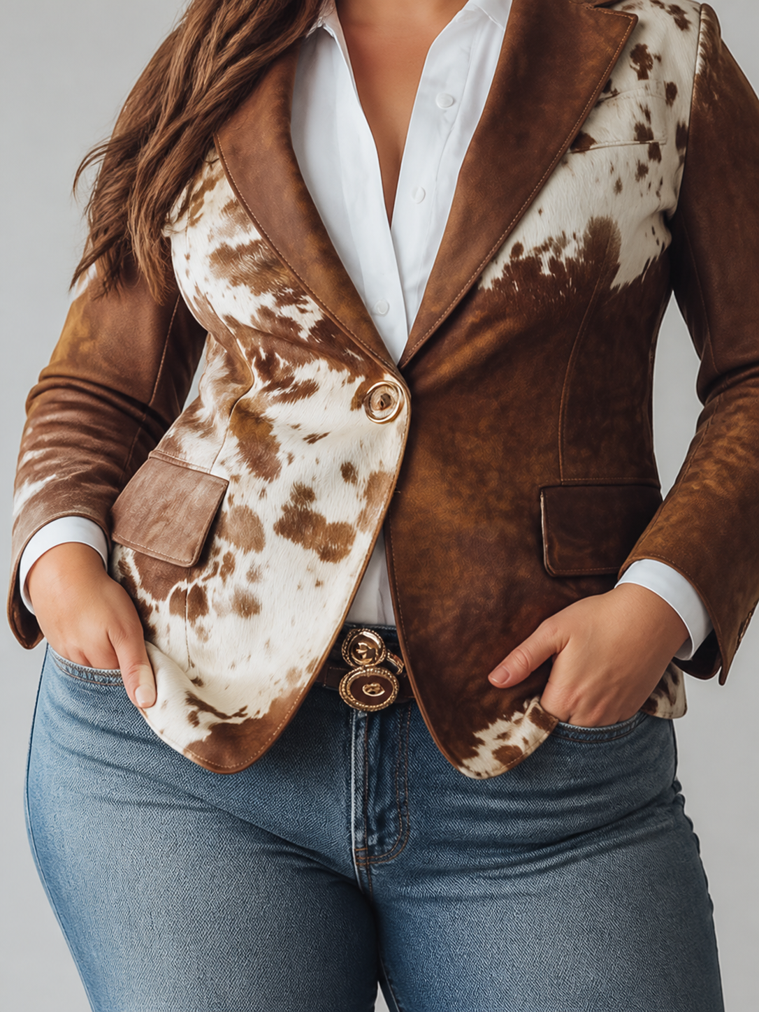Women’s Vintage Cow Print Eco Friendly Blazer - Plus size model