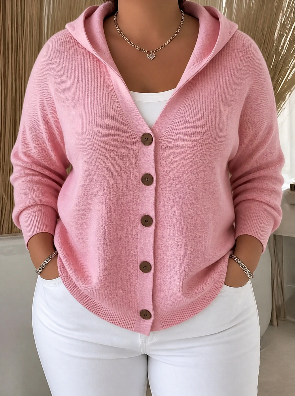 Darienne | Hooded Button-Up Knit Cardigan - Plus size model