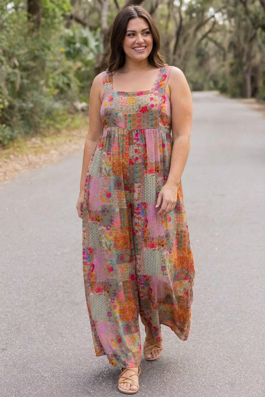 Remington - Boho Patchwork Floral Square-Neck Sleeveless Wide-Leg Jumpsuit - Plus size model