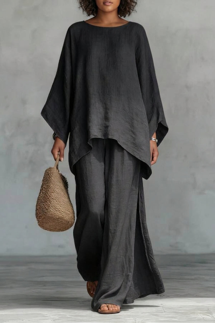 Briar - Linen-Style Oversized Top + Slit Wide-Leg Pants Set - Plus size model