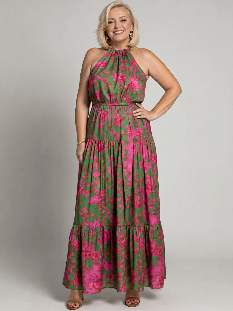 Rowen | Draped Halter Midi Dress - Plus size model