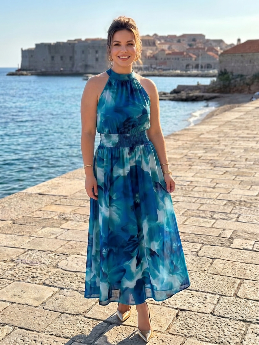 Olivia | Gathered Waist Abstract Print Midi Dress - Plus size model