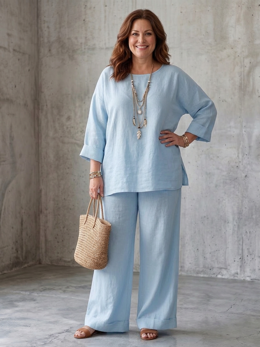 Prue | Oversized Tunic Wide Leg Pant Set - Plus size model