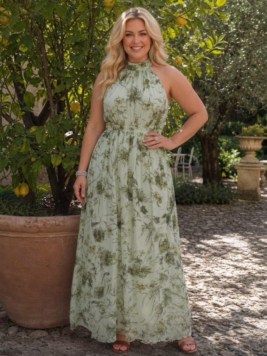 Guinevere | Floral Print Flowing Skirt Midi Dress - Plus size model