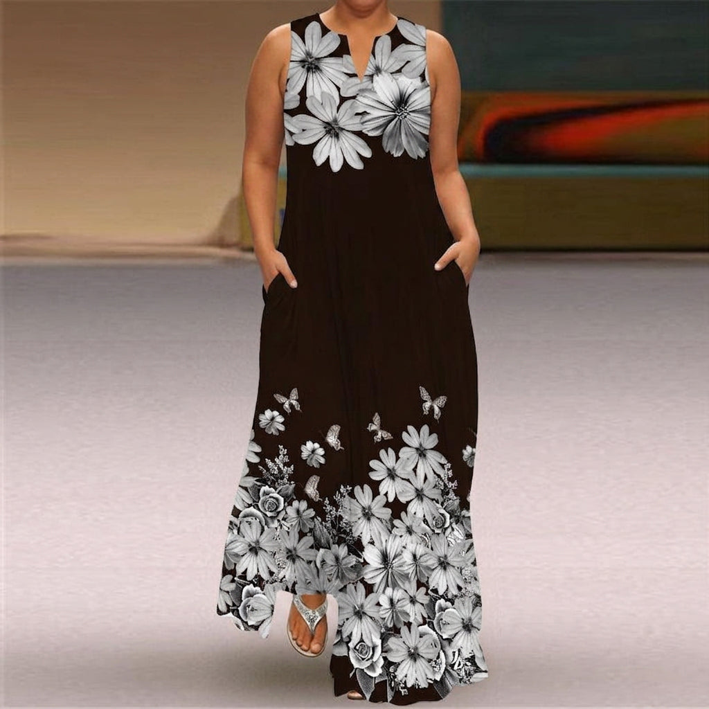 Noir Fleur | V-Neck Sleeveless Floral Maxi Dress - Plus size model