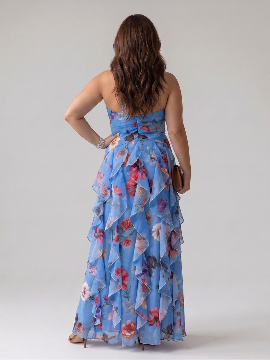 Nori | Halter Neck Ruched Bodice Floral Maxi Dress - Plus size model