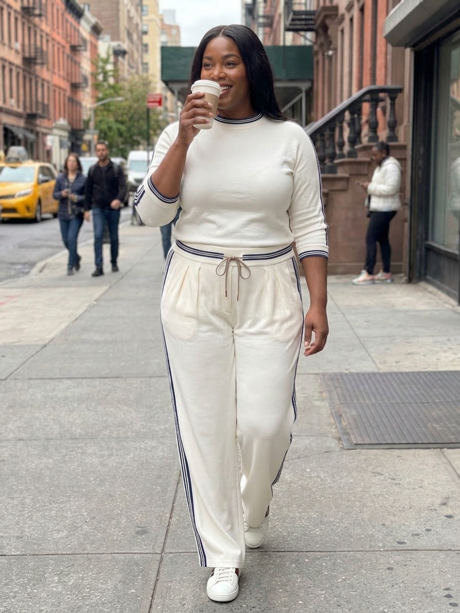 Eirlys | Fitted Long Sleeve Top Wide Leg Pants Set - Plus size model