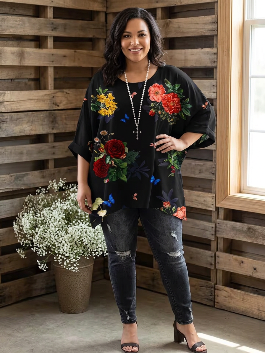 Althea | Vintage Bohemian Floral Print Women's T-Shirt - Plus size model