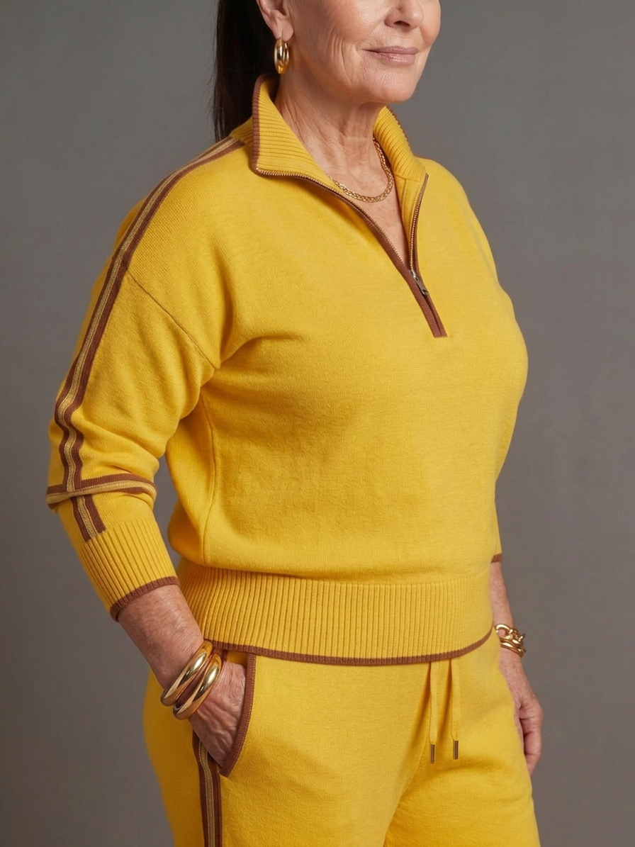 Rain | Zip Neck Long Sleeve Side Stripe Leg Pants Set - Plus size model