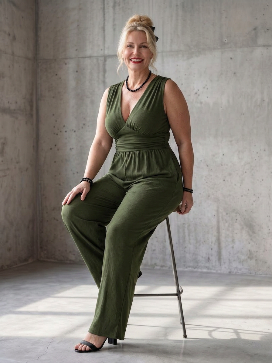 Vincenza | Deep V Waist Defined Wide Leg Jumpsuit - Plus size model