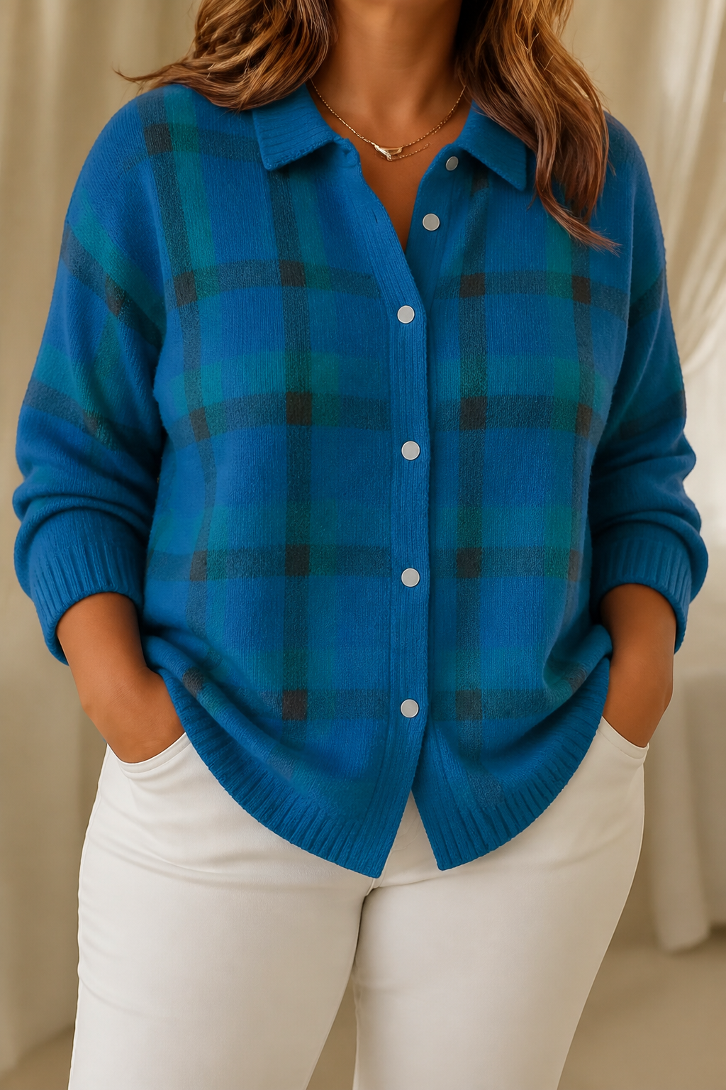 Kelsey | Brushed Knit Plaid Cardigan - Plus size model