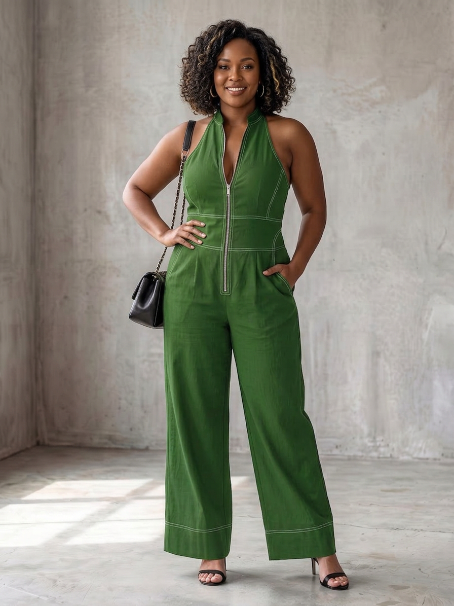 Dara | Zip Front Contrast Stitch Wide Leg Jumpsuit - Plus size model