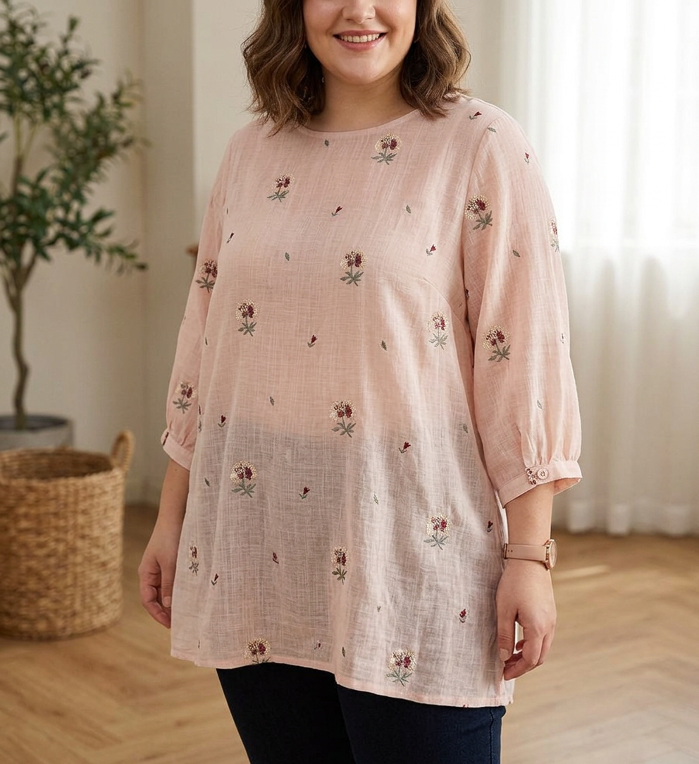 Chloe - Cotton Floral Embroidered Comfortable Shirt - Plus size model