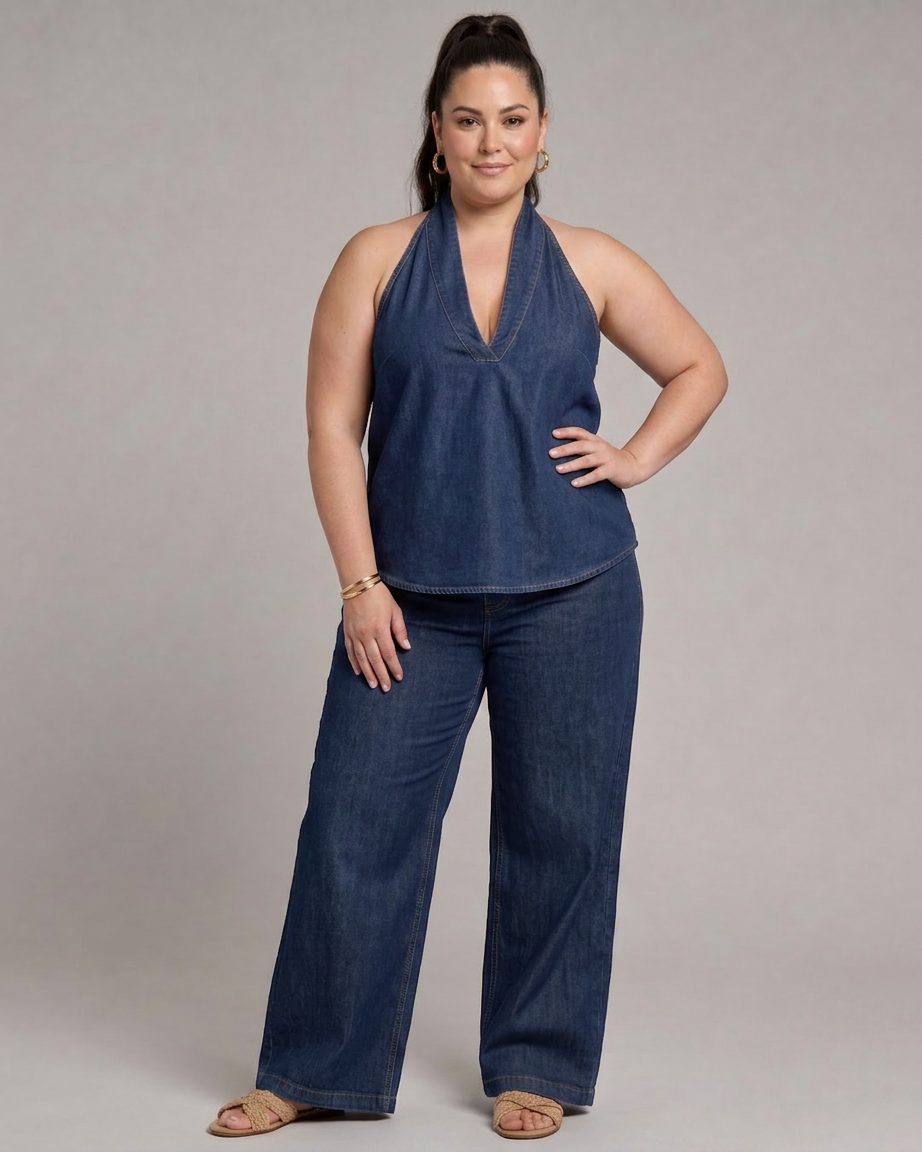 Zorelle | Halter Neck Denim Top And Wide Leg Pants Set - Plus size model