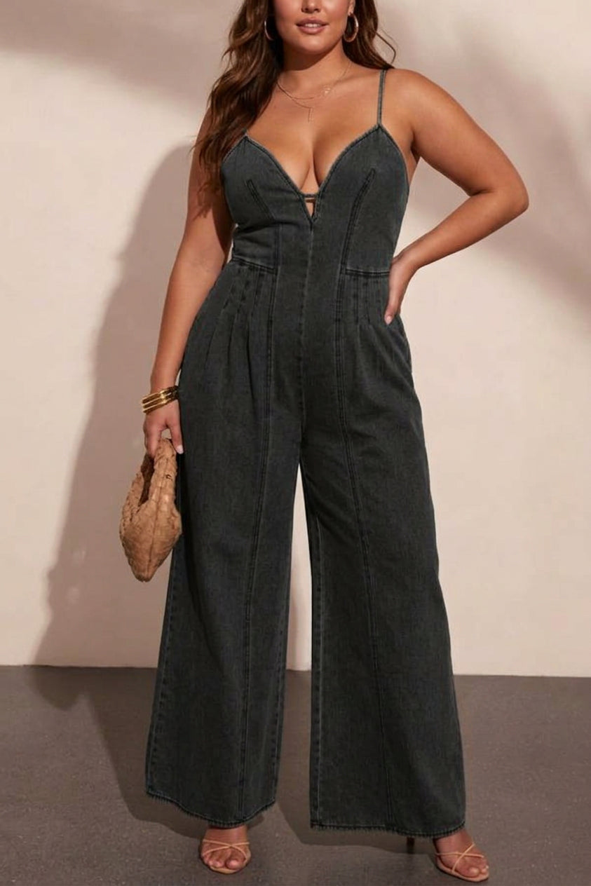 Alina - Vintage Washed Denim Halter Wide-Leg Jumpsuit - Plus size model