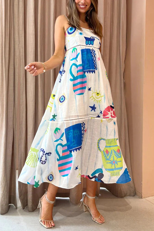 Paige - She's The Fun Linen Blend Playful Print Ladder Trim Midi Dress