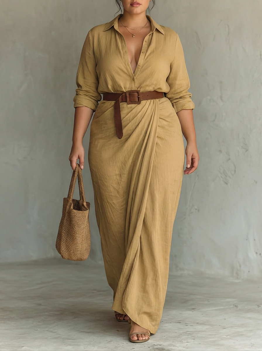 Long Maxi Dress with Notched Collar and Long Sleeves for Women - Plus size model
