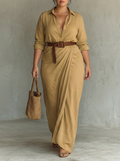 Long Maxi Dress with Notched Collar and Long Sleeves for Women - Plus size model