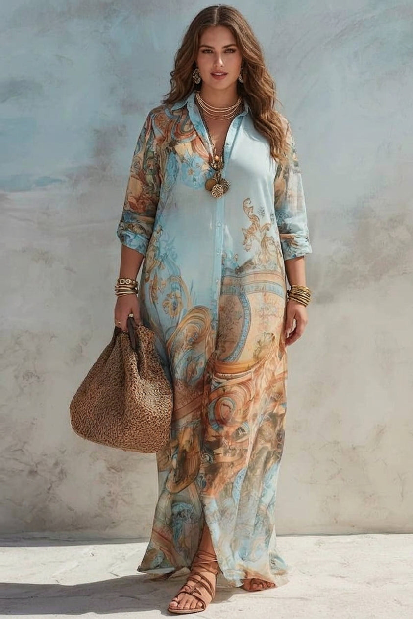 Parker - Blue & Brown Vintage Paisley Print Long Shirt Dress - Plus size model