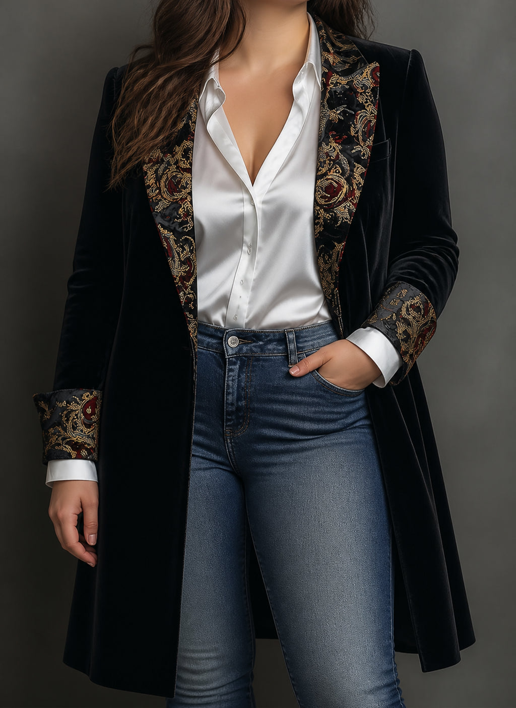 Women's Black Baroque Print Lapel Slim Fit Blazer - Plus size model