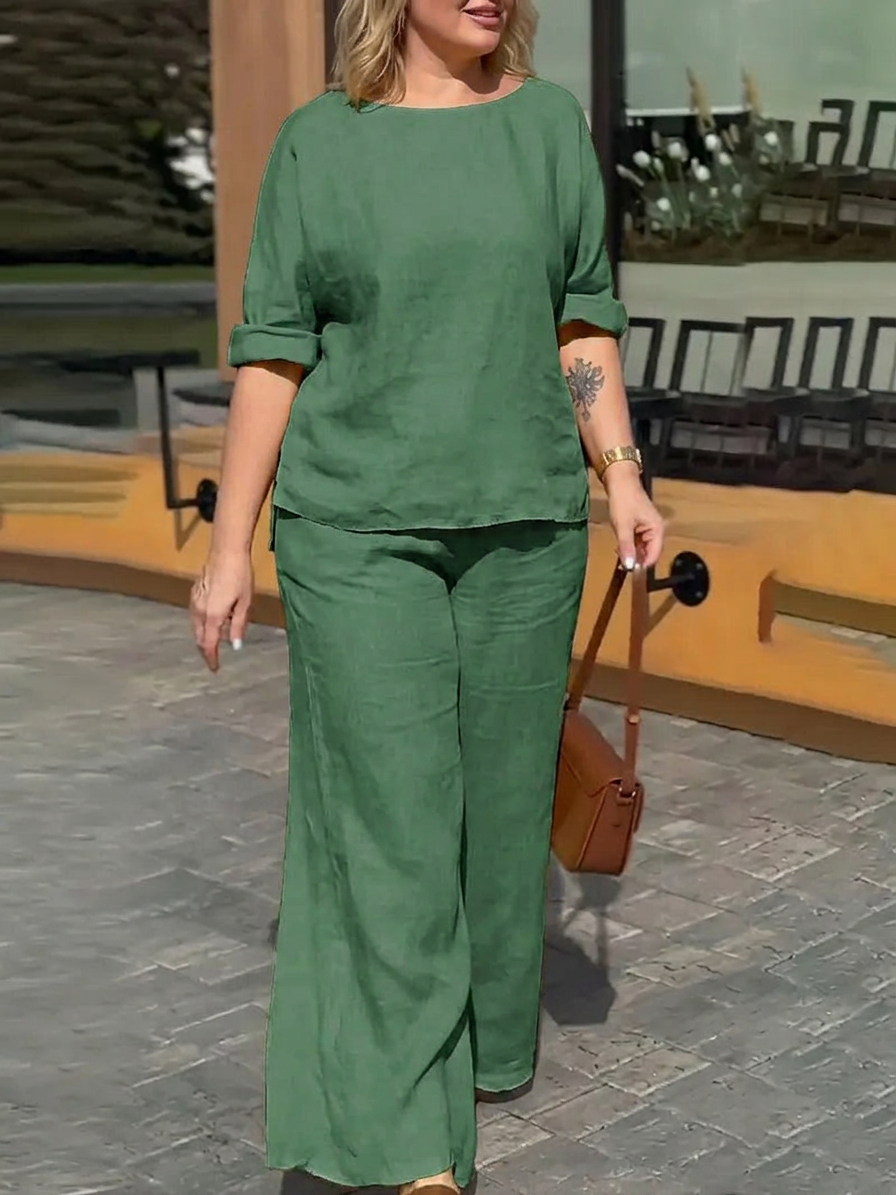 Olivia - Women Round Neck Long Sleeve Trousers Set - Plus size model