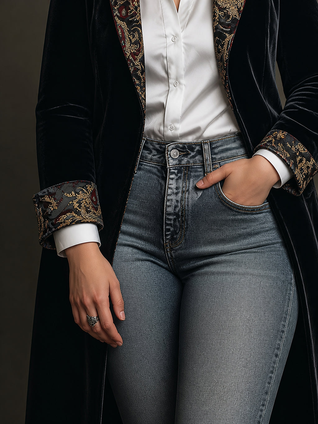 Women's Black Baroque Print Lapel Slim Fit Blazer - Plus size model