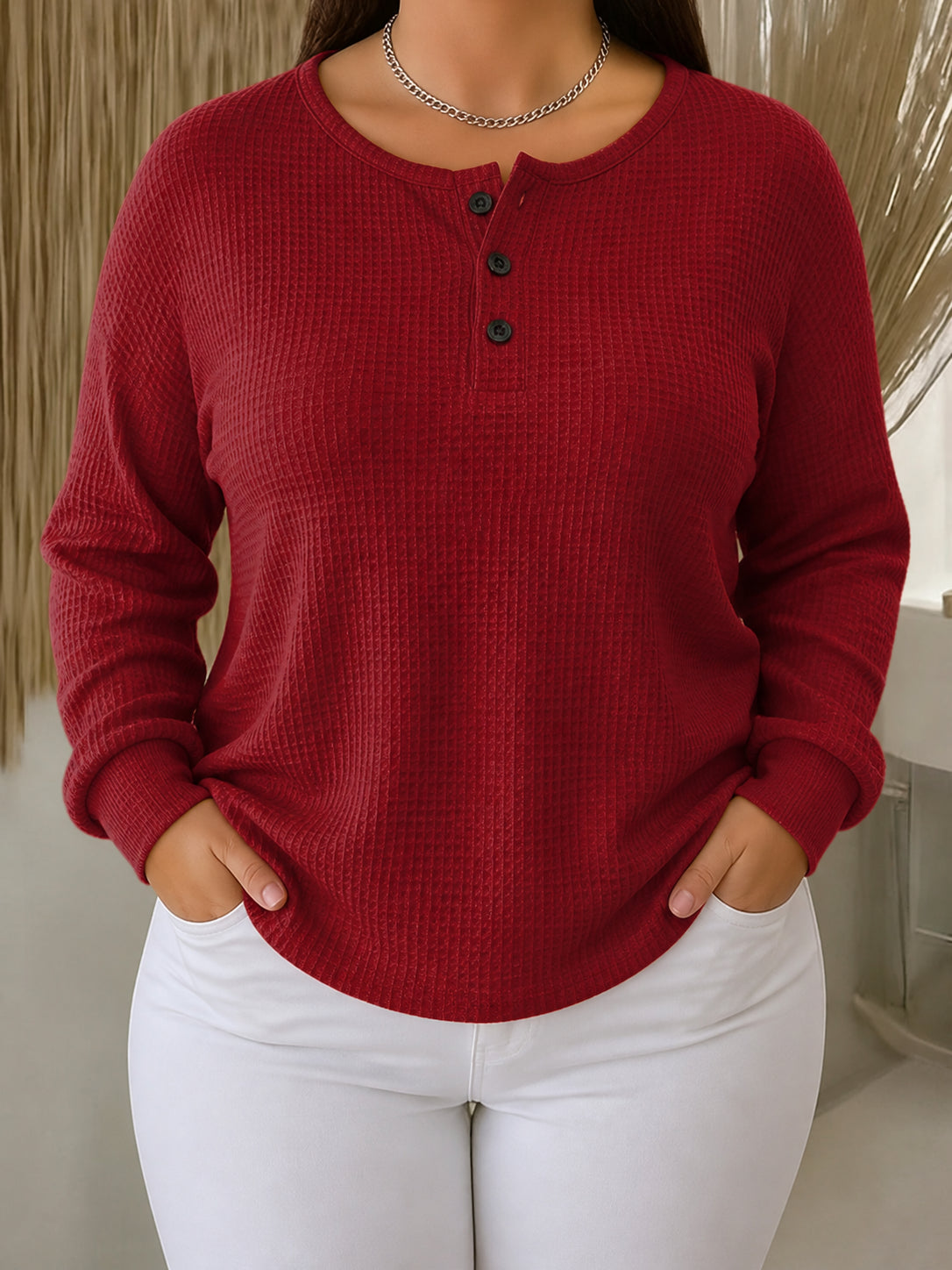Mirabel | Cozy Waffle Henley Sweatshirt - Plus size model