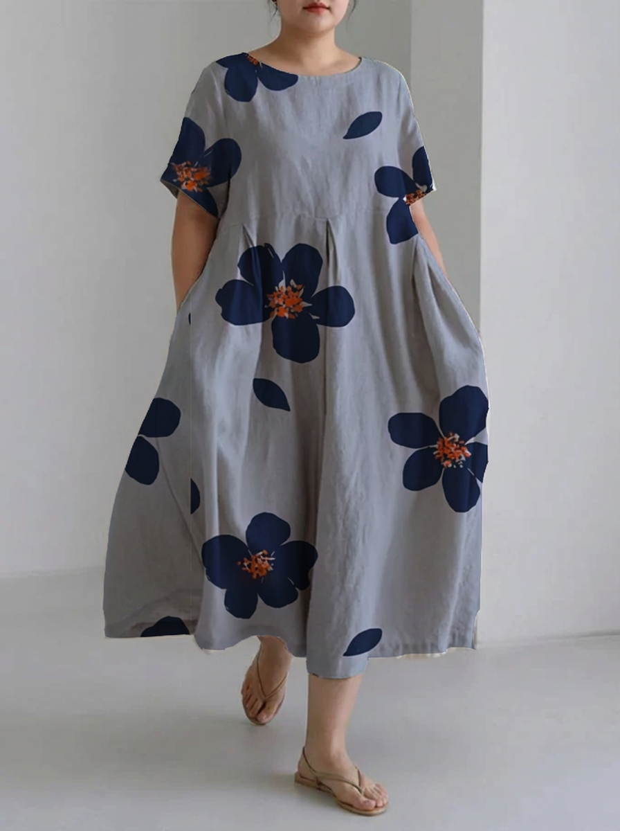 Women's spring and summer casual loose round neck floral skirt dress - Plus size model