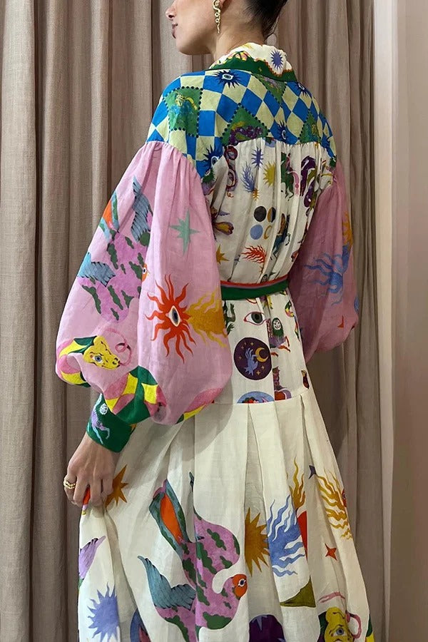 Crystal - Retro French court style pleated maxi print dress