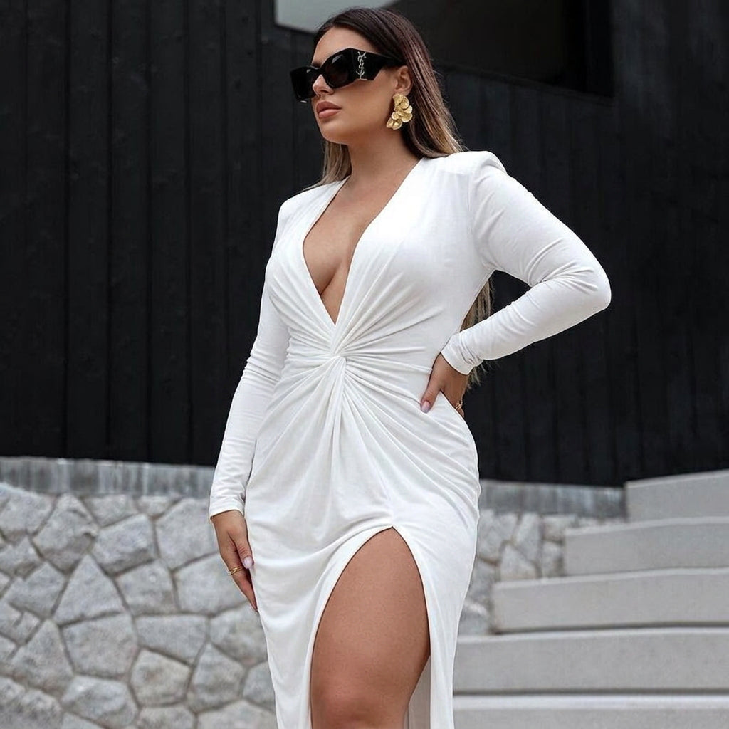 Valentina V-Neck Pleated Dress: Elegant Slim Fit Evening Style - Plus size model