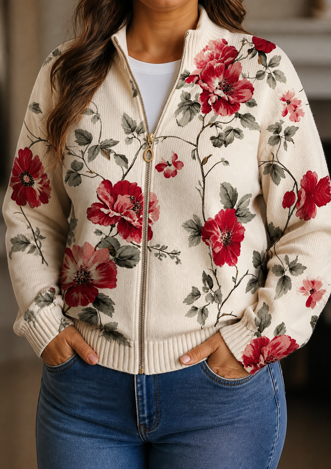 Marilyn | Vintage Rose Print Zip Cardigan - Plus size model