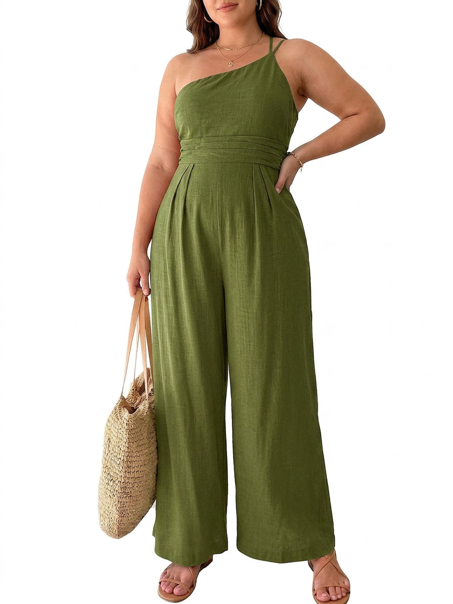 Bennett - Sexy Sling Waist Pocket Straight Sleeveless Jumpsuit - Plus size model