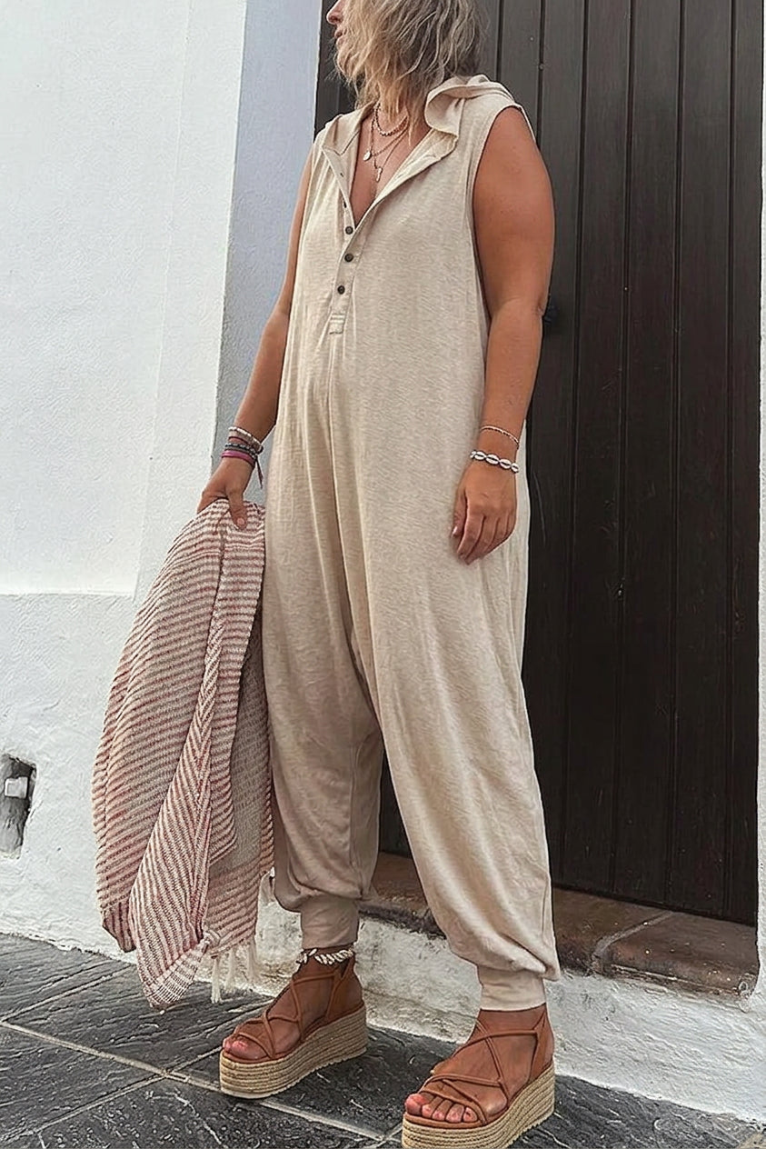 Kendall - Ryker Pocketed Half Button Hooded Jumpsuit - Plus size model