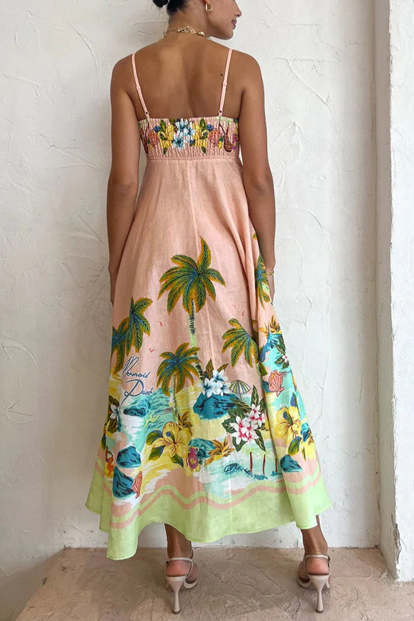 Brooke - Coconut Scenery Linen Blend Tropical Print Smocked Back Midi Dress
