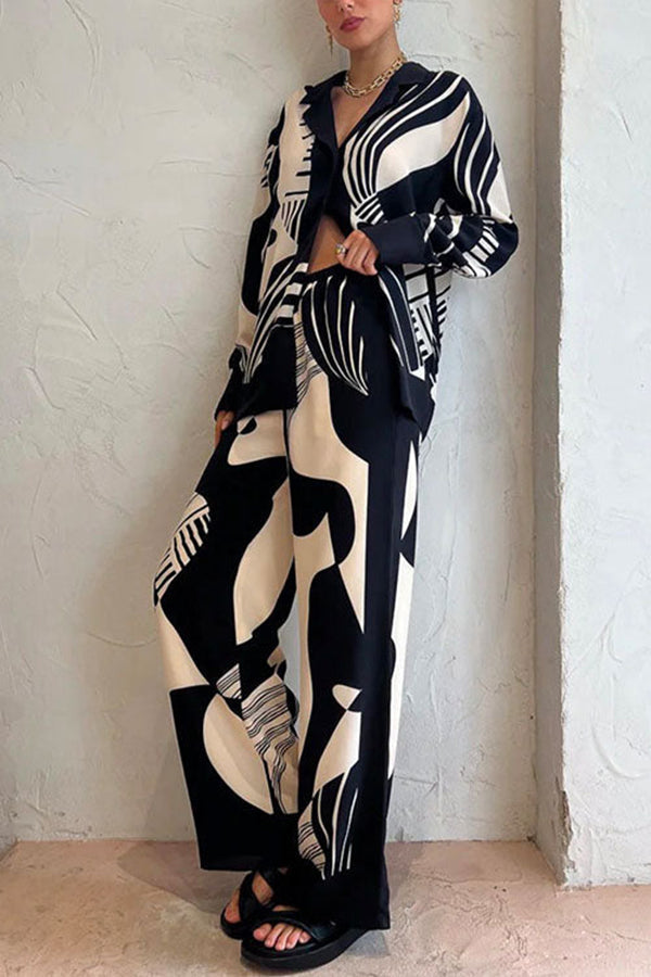 Graphic Printed Long Sleeve Blouse Shirt Wide Leg Pants 2 Pieces Set