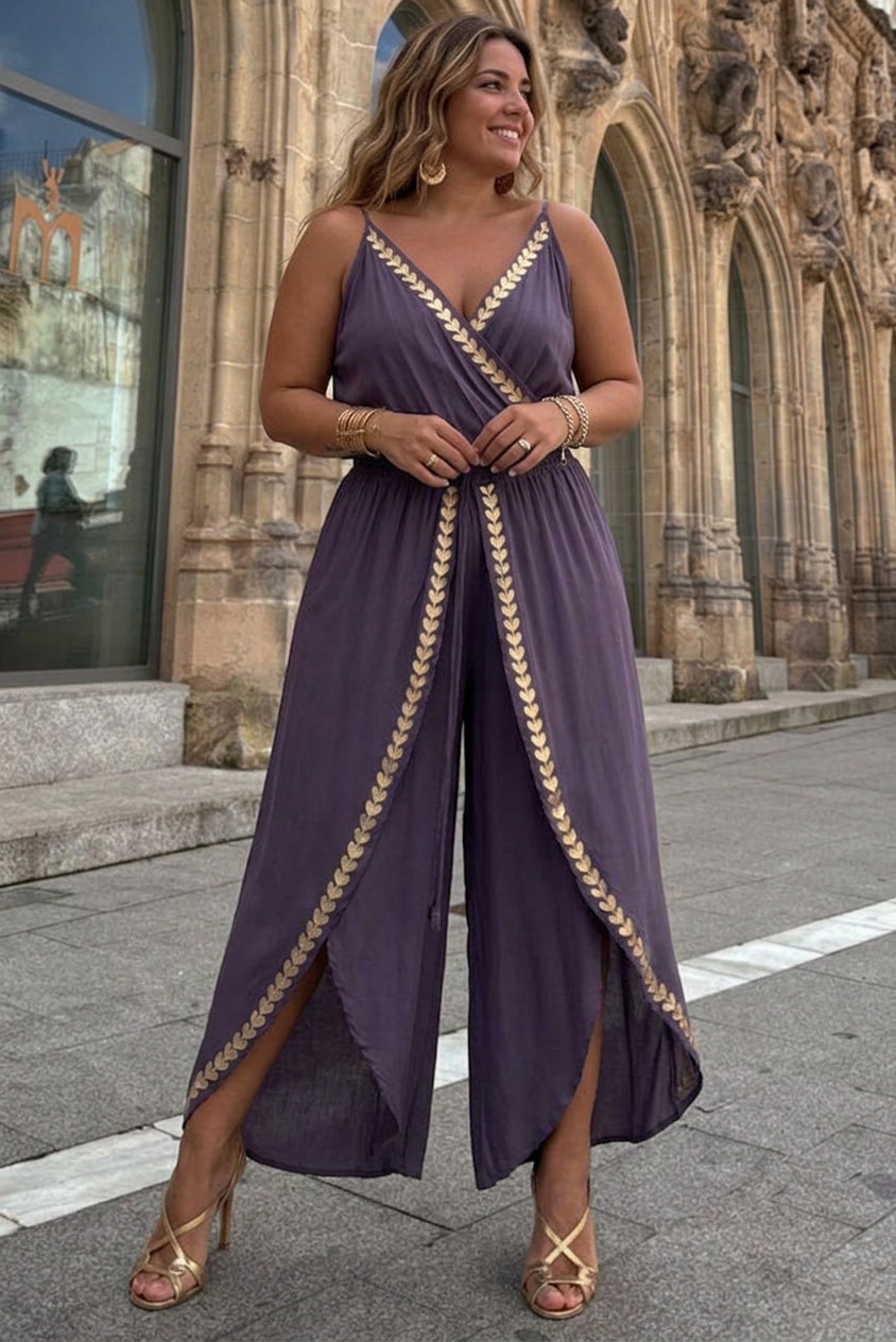 Palmer - Tamia Gold Trim Elastic Waist Slit Wide Leg Slip Jumpsuit - Plus size model