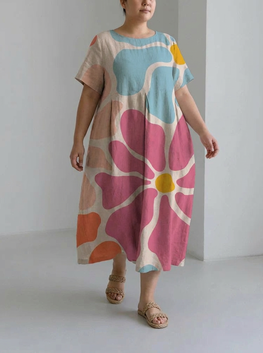 Women's spring and summer casual loose round neck floral skirt dress - Plus size model