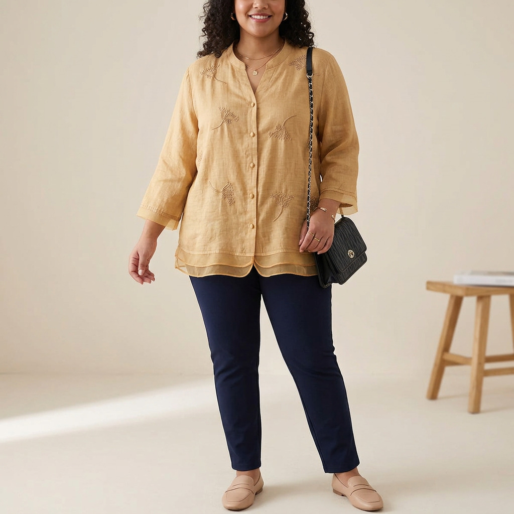 Moore - Pure Cotton Embroidered Elegant Top - Plus size model