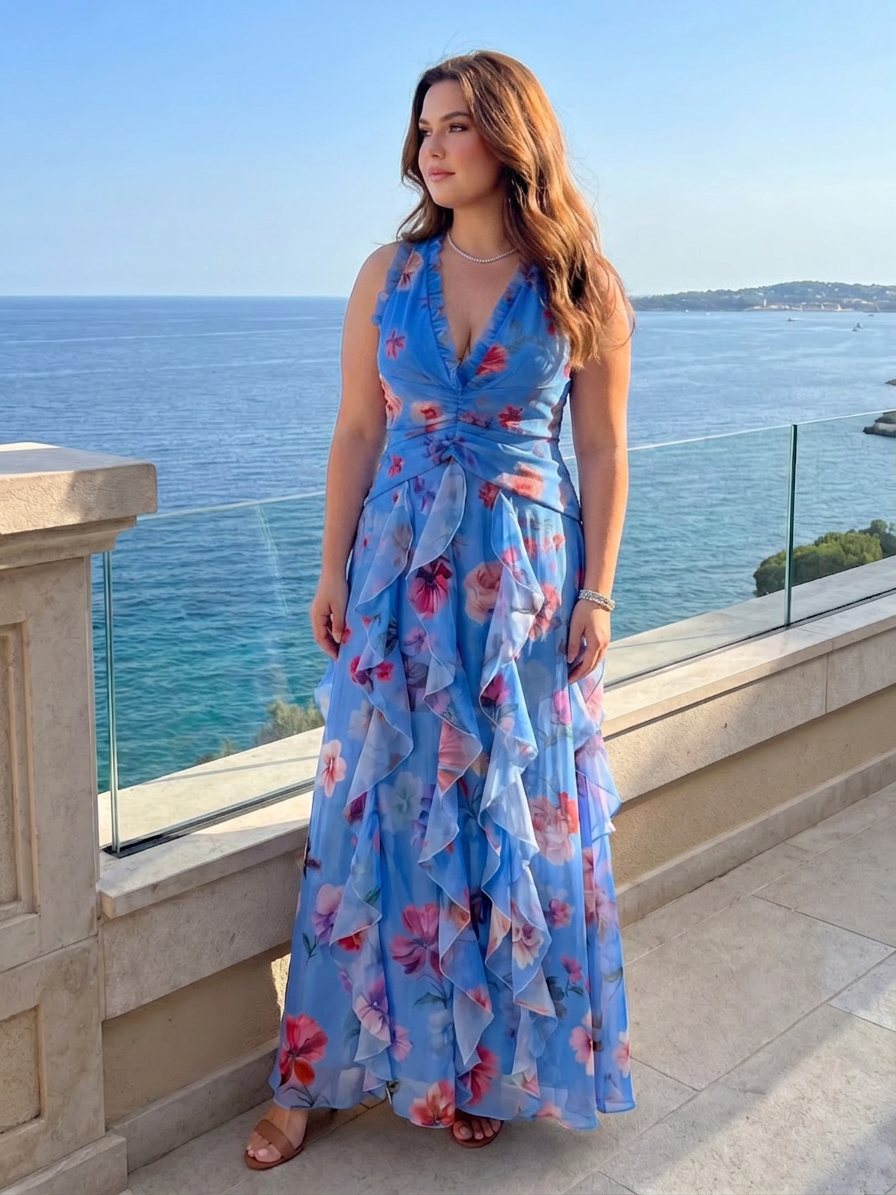 Nori | Halter Neck Ruched Bodice Floral Maxi Dress - Plus size model