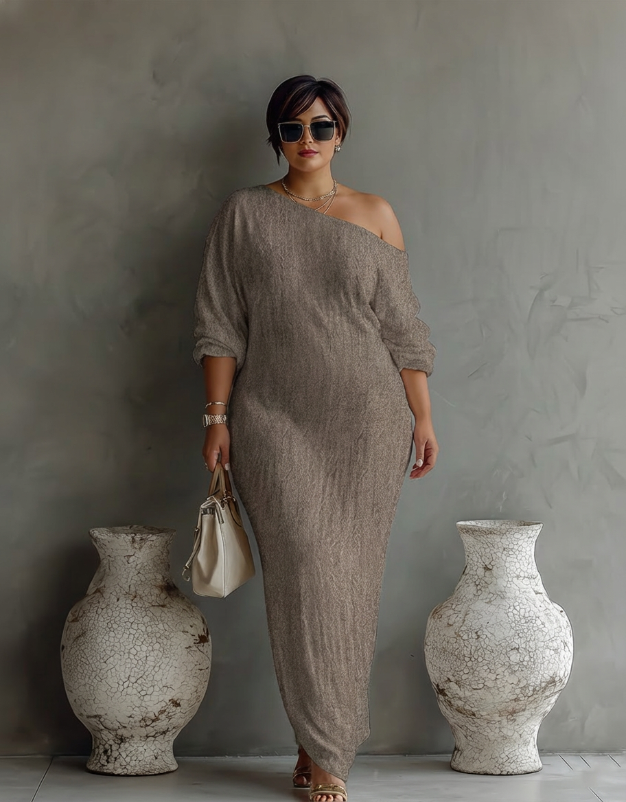 Elegant Flowing Dress in Ivory White with Off-Shoulder - Plus size model