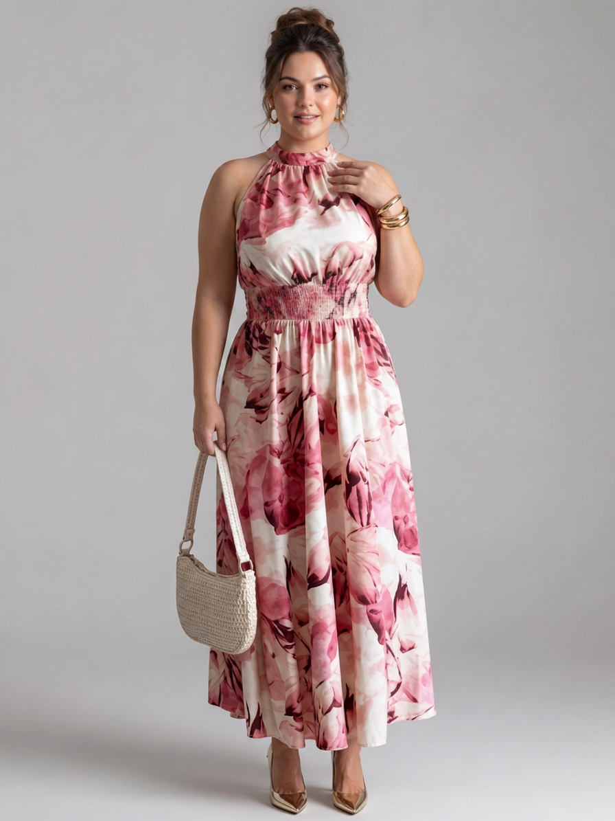 Olivia | Gathered Waist Abstract Print Midi Dress - Plus size model