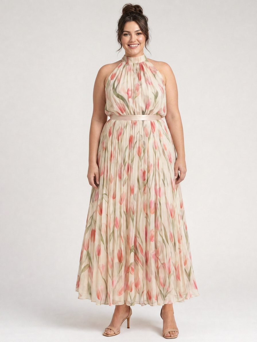 Aurelle | Halter Neck Floral Midi Dress - Plus size model